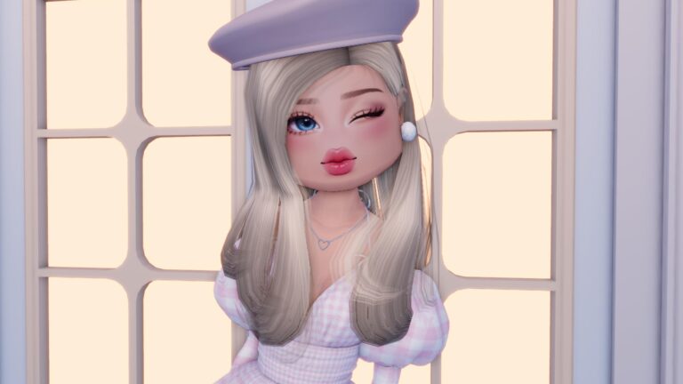 Персонаж Roblox подмигивает и позирует в стильной одежде перед окном.